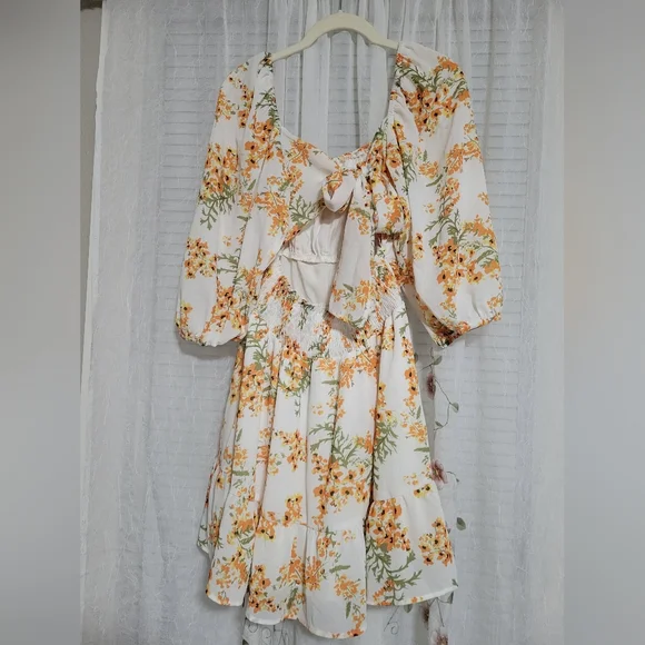 2/$25 Lantern Sleeve Floral Print Tie Back Sun Dress - Picture 4 of 5